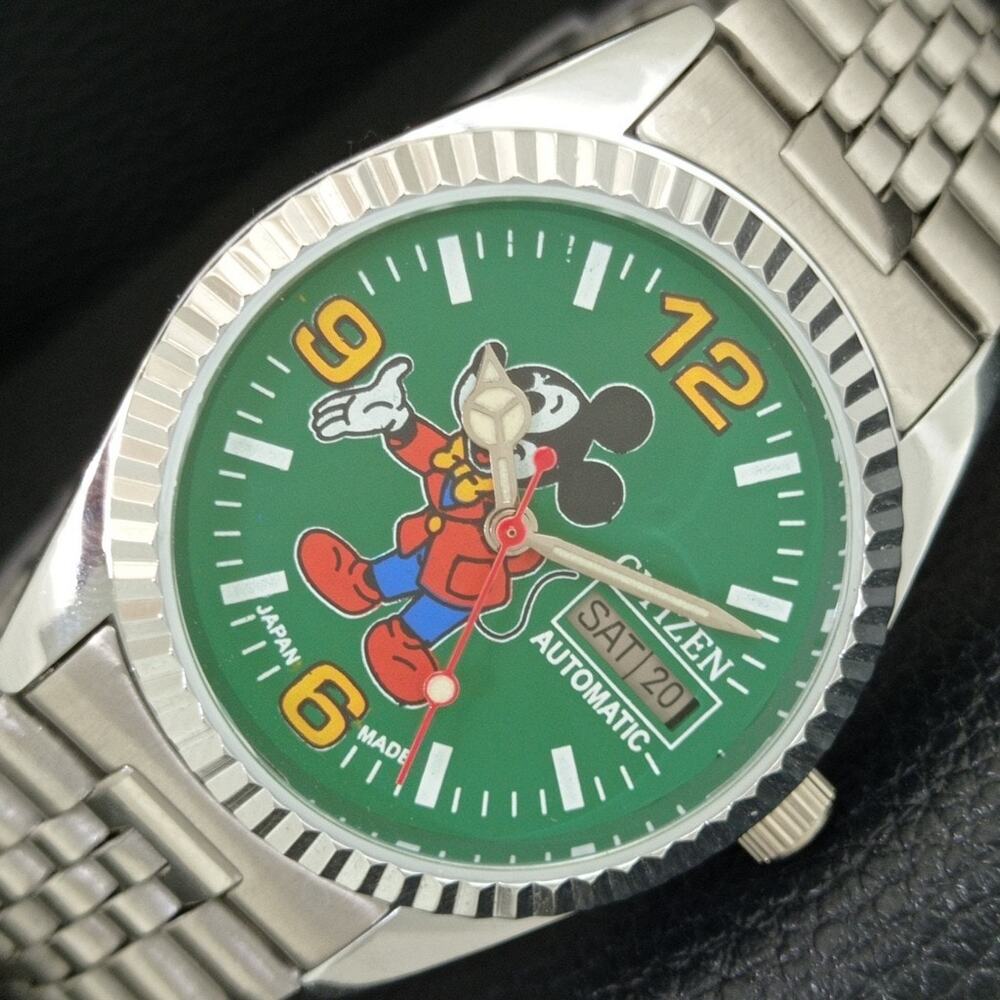 Vintage 1973 Disney Citizen Automatic Mens Silver Watch W/daydate & Green accent